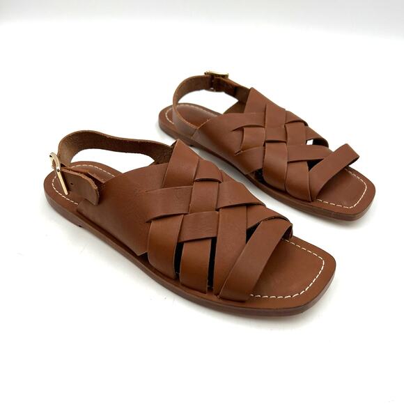 Loeffler Randal Grayson Leather Peep Toe Slingback Sandals Tan Coastal Prep